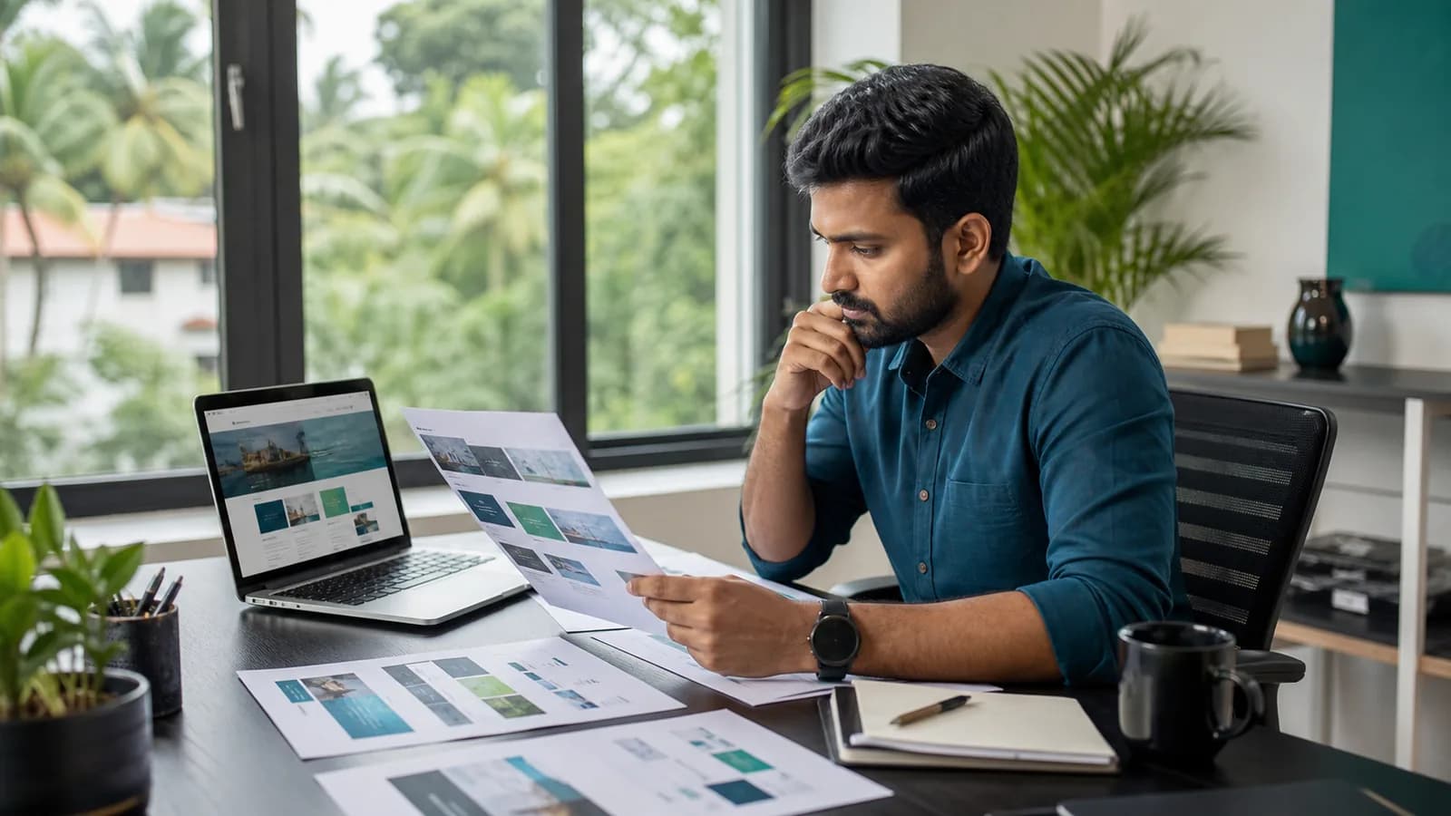 Business owner comparing web development company proposals in Kochi