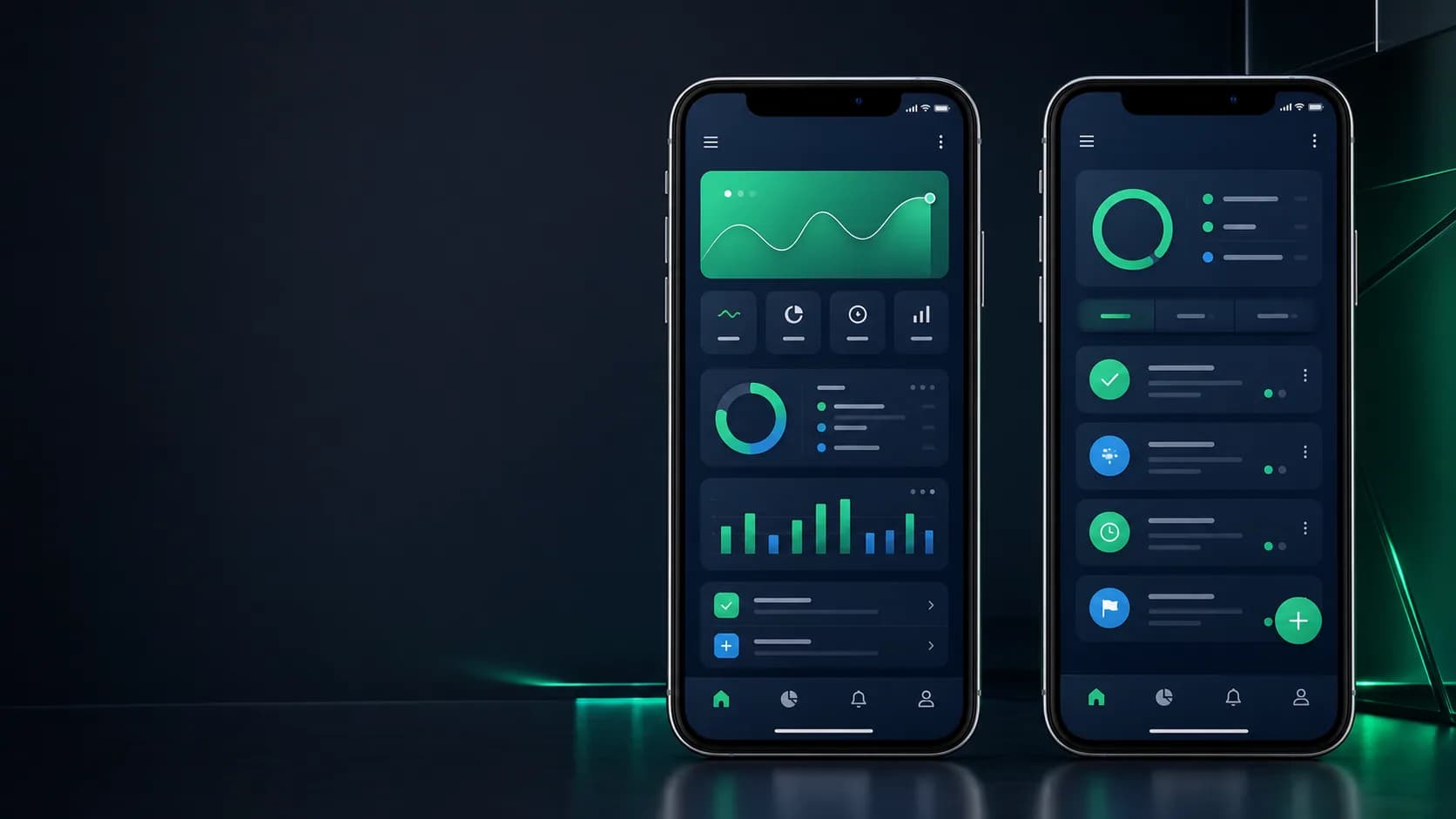Modern Android and iOS app interface previews with dashboards and task flows